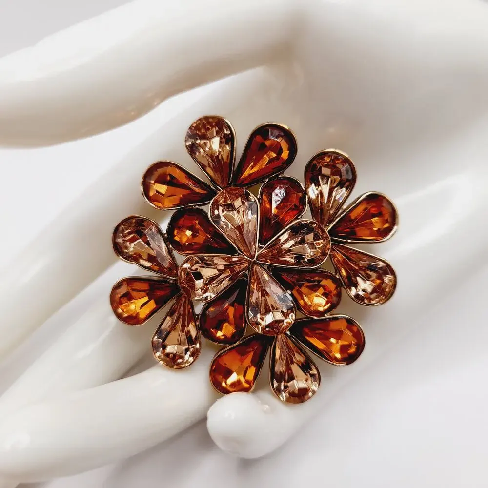 Vintage Amber Rhinestone Flower Brooch Gold Tone 2 Inch Statement Pin